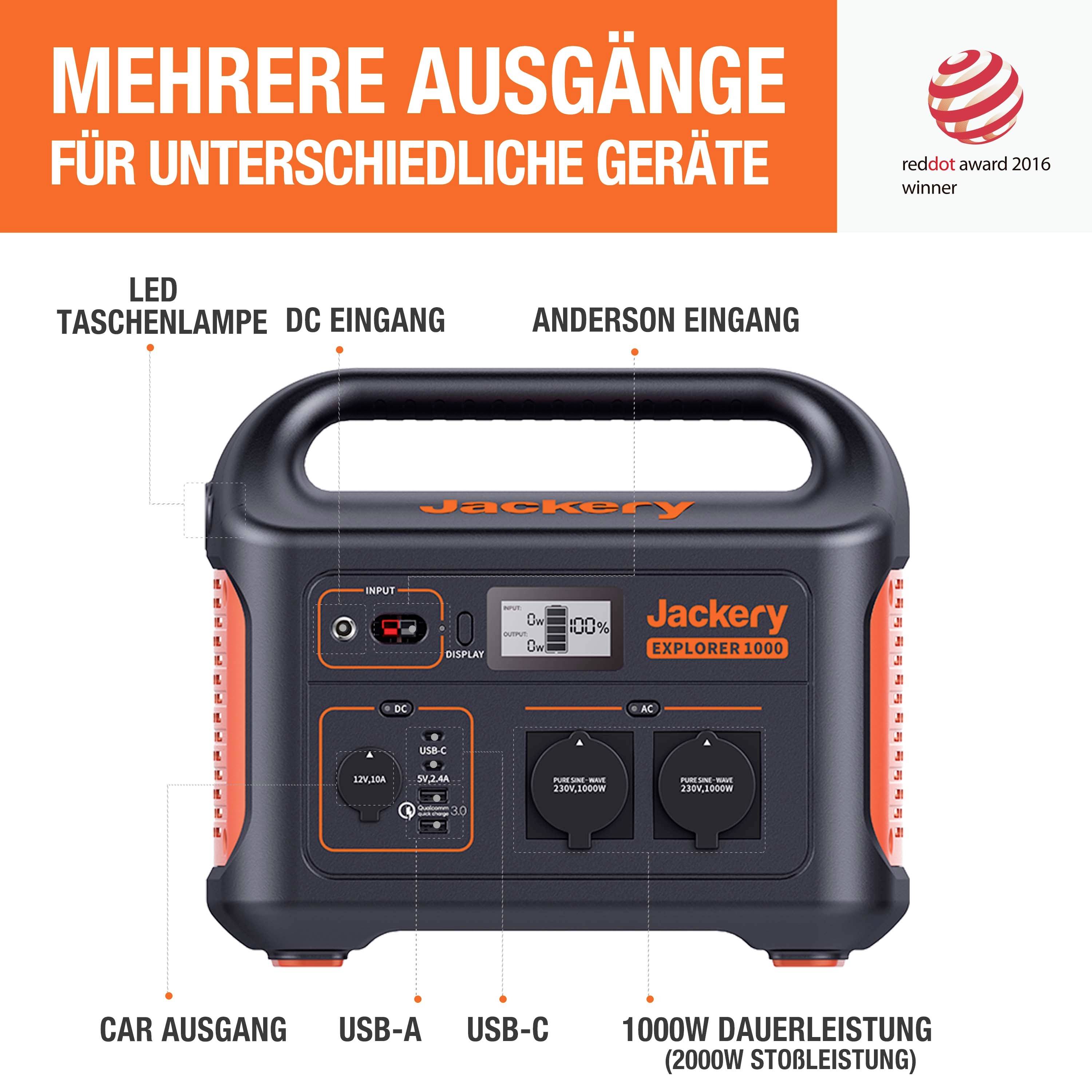 Jackery Explorer 1000 Powerstation Li-Ion Schwarz, Orange mit Laderegler
