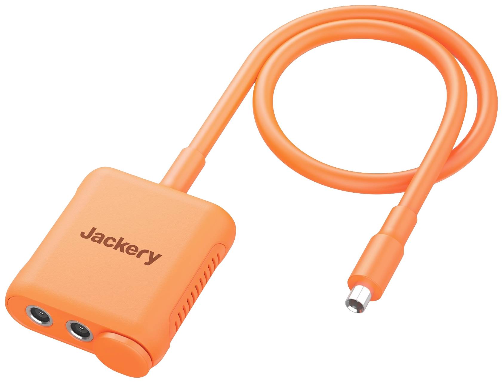 Oranges Ladegerät mit der Aufschrift 'Jackery' und zwei Ladeanschlüssen.
