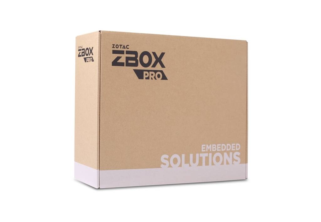 Eine braune Verpackung mit der Aufschrift 'Zotac ZBOX Pro Embedded Solutions' in schwarzer und weißer Schrift.