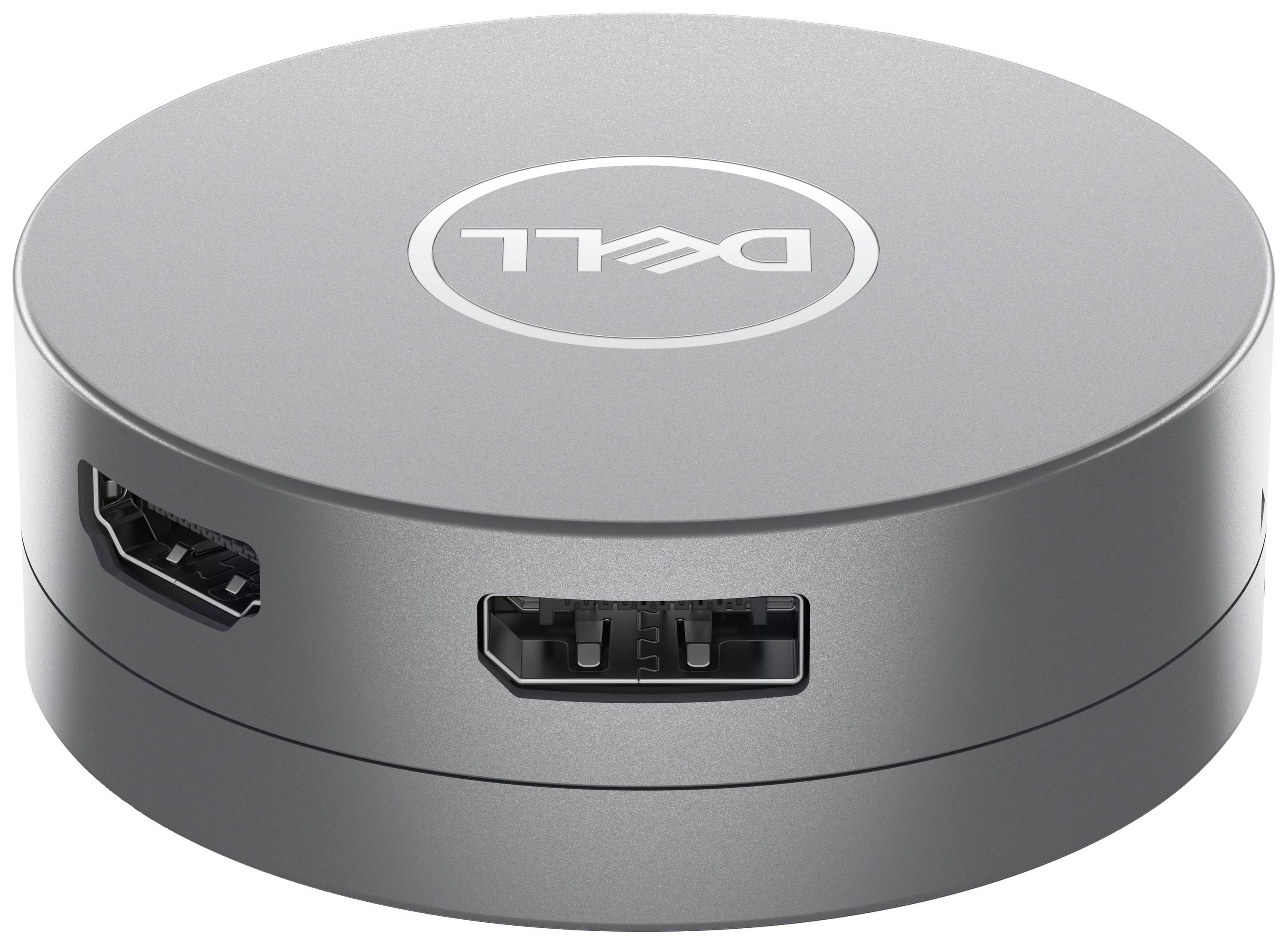 Runder, grauer Dell-Adapter mit HDMI- und USB-Anschlüssen, dient zum Anschluss externer Geräte an Computer.