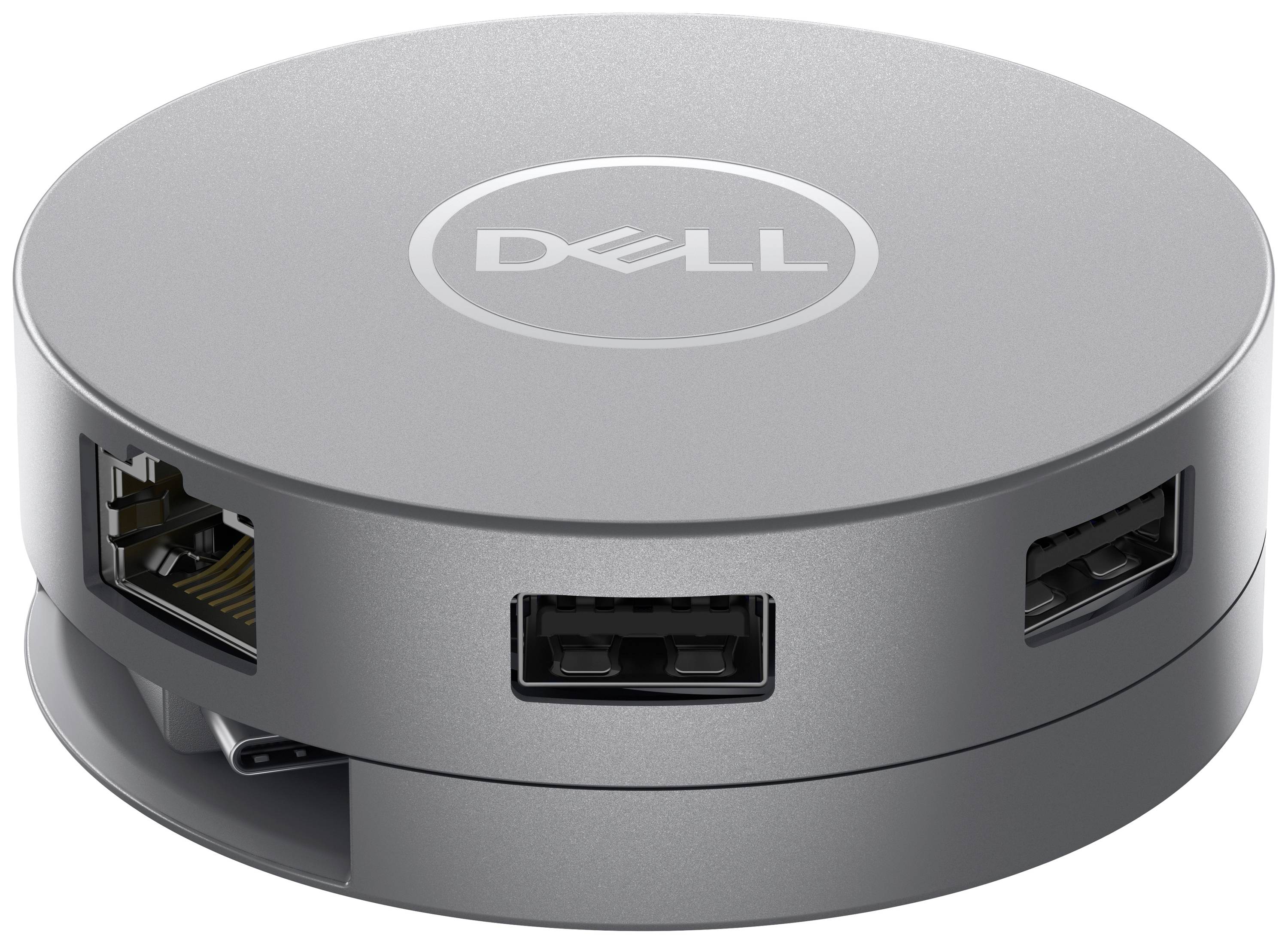 Runde, silberne Dell-Dockingstation mit mehreren Anschlussmöglichkeiten: USB, Netzwerk und HDMI. Ideal zur Erweiterung von Laptop-Ports.