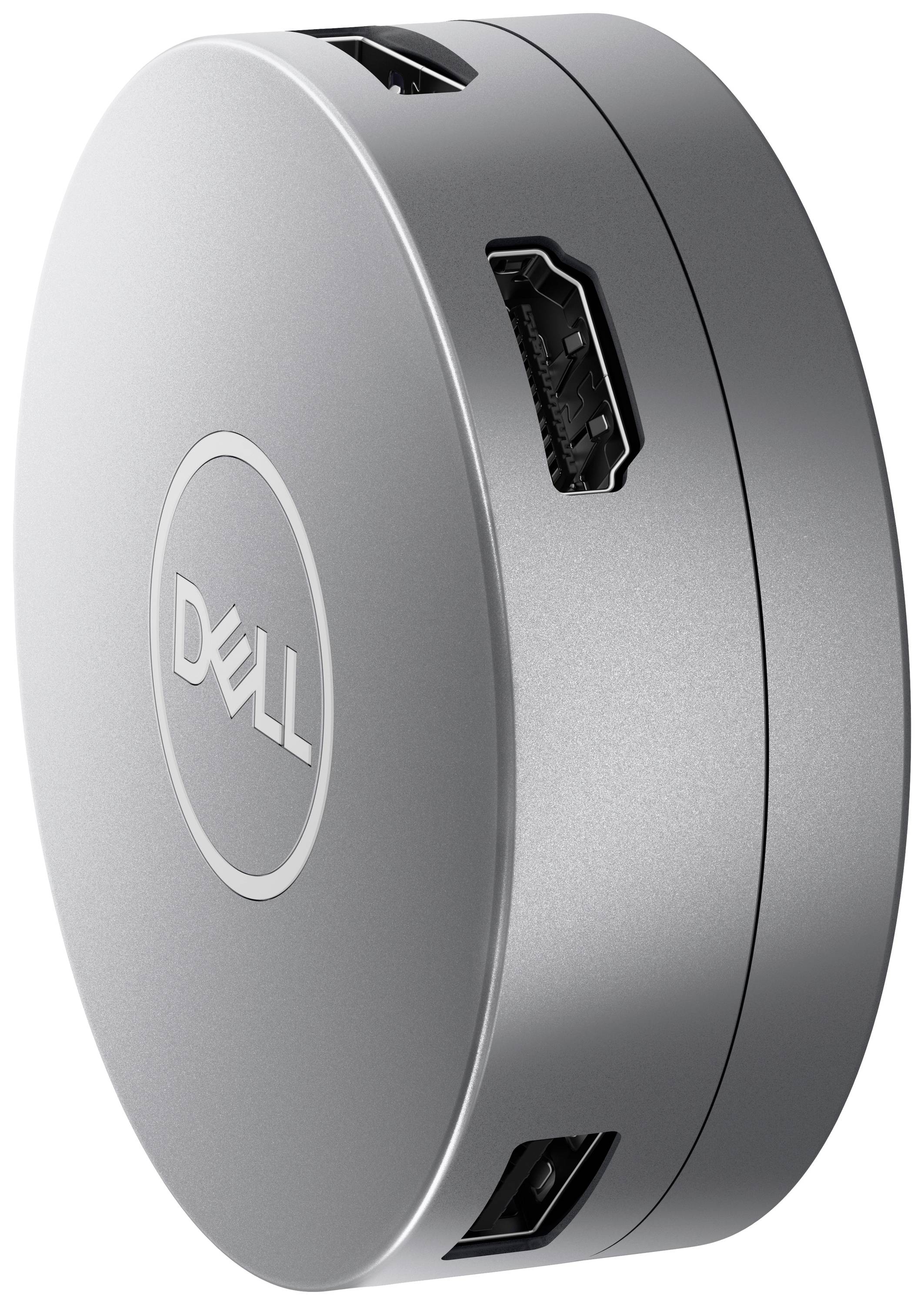 Runde, silberne technische Vorrichtung mit Dell-Logo. Enthält mehrere Anschlüsse an den Seiten.