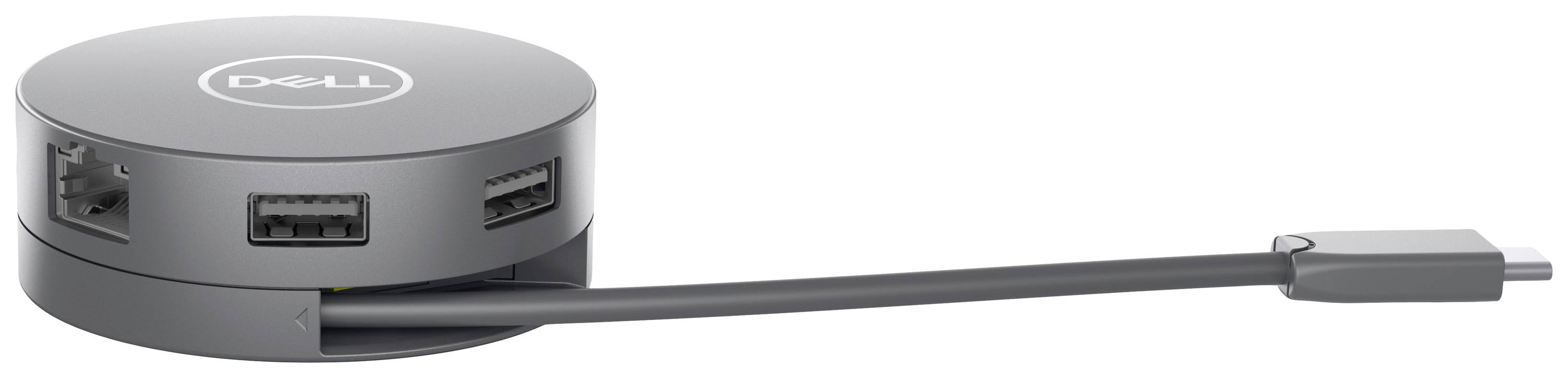 Ein runder USB-C-Hub von Dell mit mehreren Anschlüssen einschließlich Ethernet und USB-A. Ideal für erweiterte Konnektivität an Geräten.