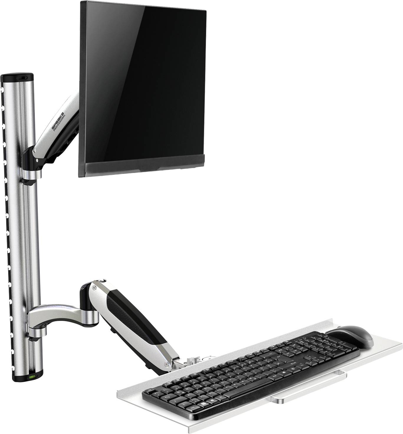 Ein Bildschirm und eine Tastatur sind an einem verstellbaren Wandhalterungssystem montiert, das ergonomische Arbeitspositionen ermöglicht.