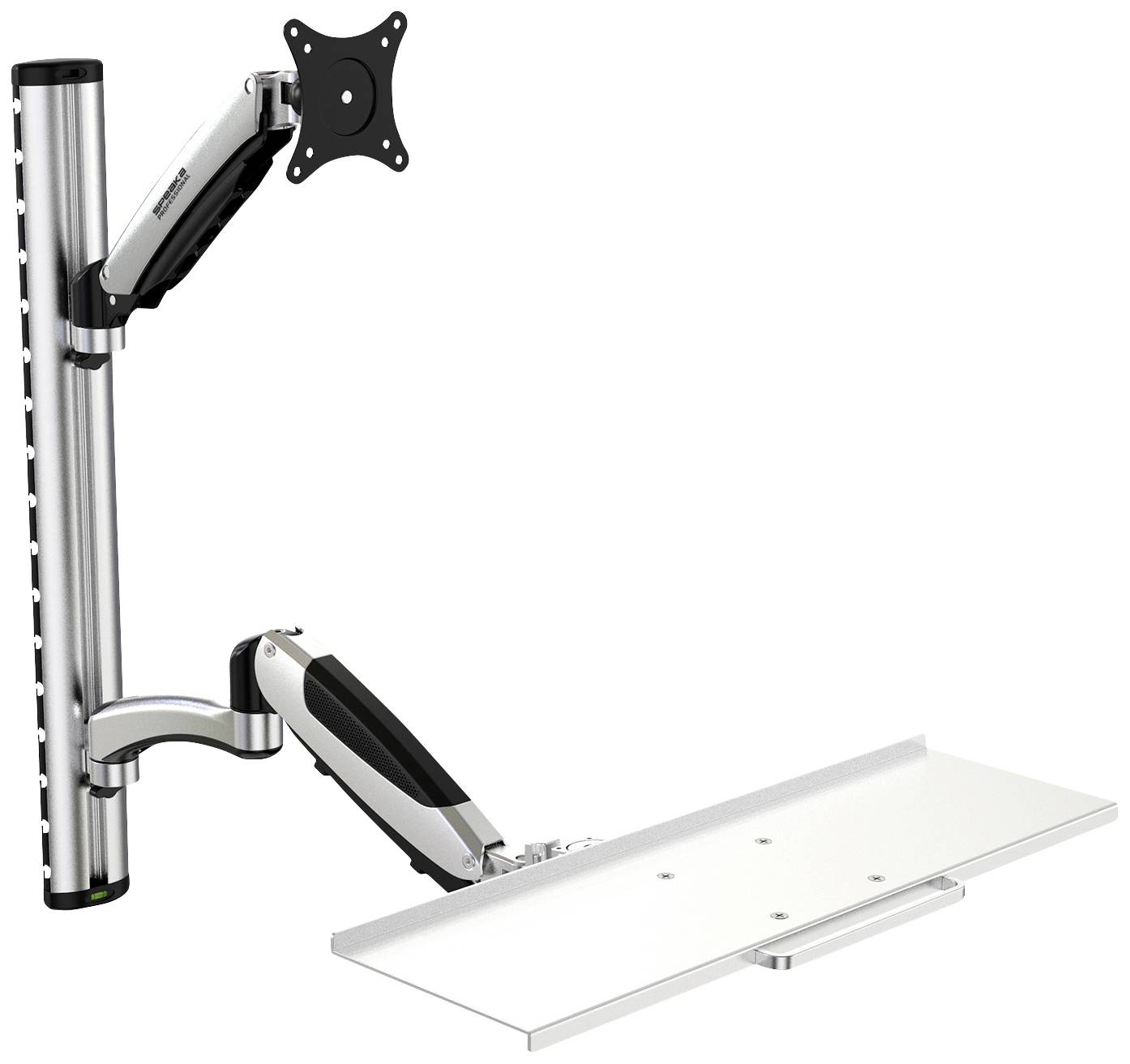 Monitorhalterung mit einstellbarer, silberner Metallarmstruktur für Wandmontage. Integrierte Ablagefläche unter dem Arm.