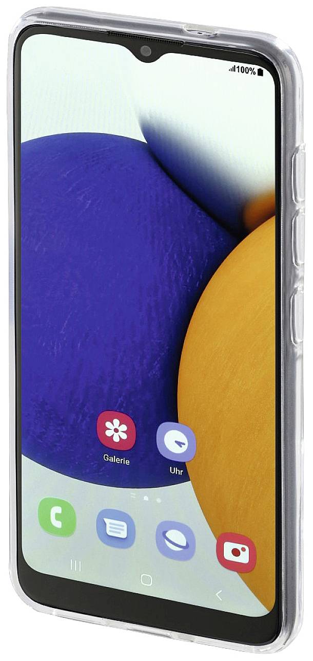 Ein modernes Smartphone mit Kunststoffhülle zeigt einen Bildschirm mit mehreren App-Symbolen, darunter 'Galerie' und 'Uhr'.