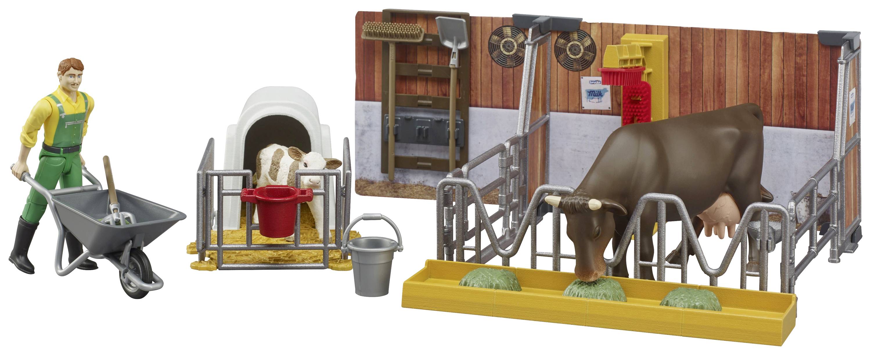 Ein Spielzeugbauernhof-Set zeigt einen Bauern mit Schubkarre, einen Stall mit Kuh, Kalb im Stall und Futtertrögen, geeignet für Kinder.