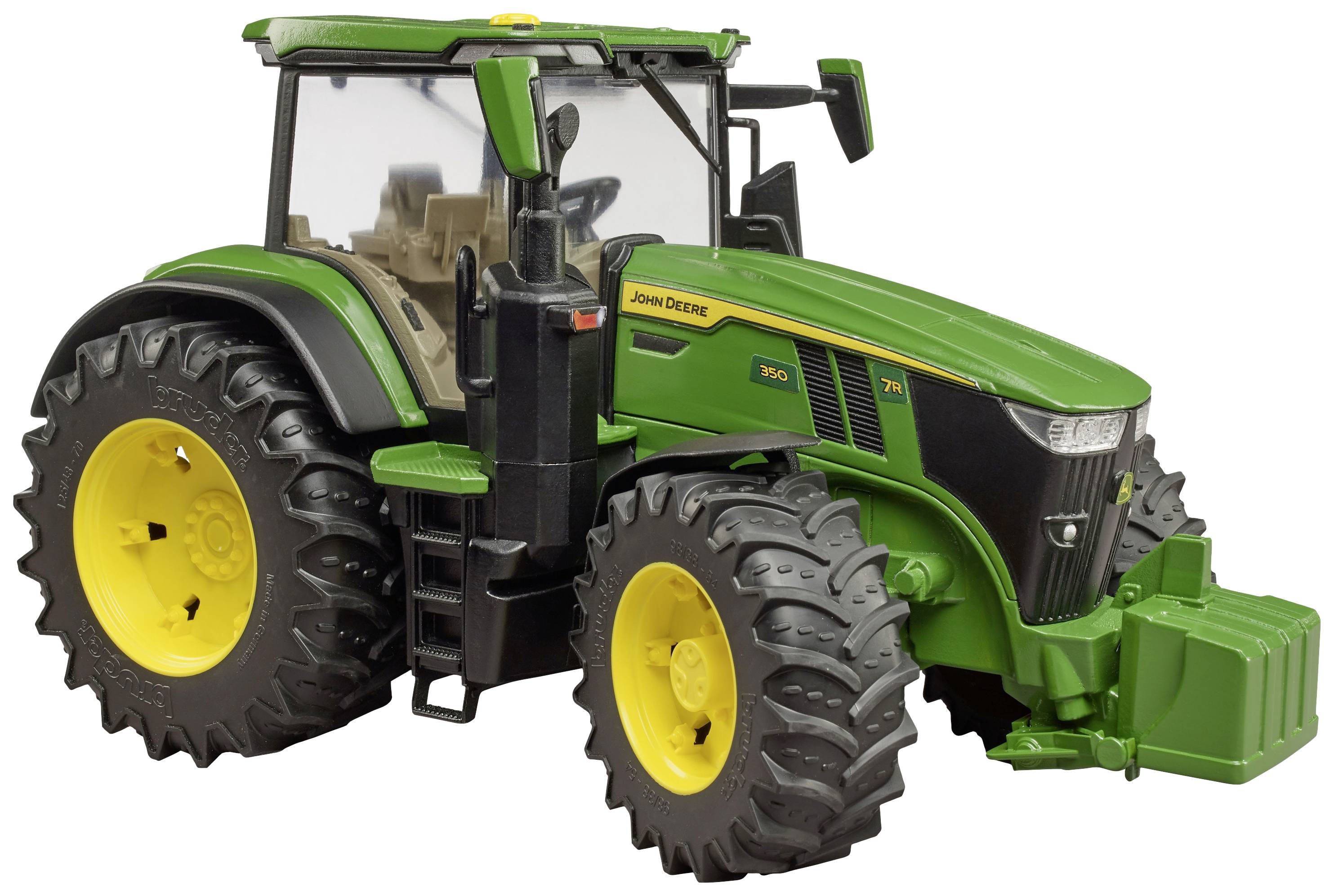 Ein grüner Traktor mit gelben Rädern und einer großen Fahrerkabine.