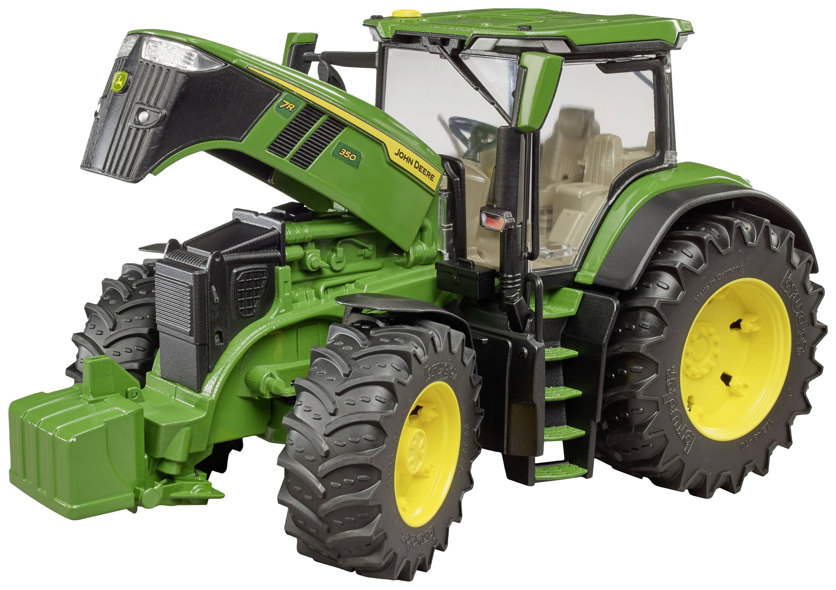 Ein grüner Traktor mit geöffnetem Motorhaube, zeigt Motordetails. Der Traktor hat große gelbe Räder und eine geschlossene Kabine.