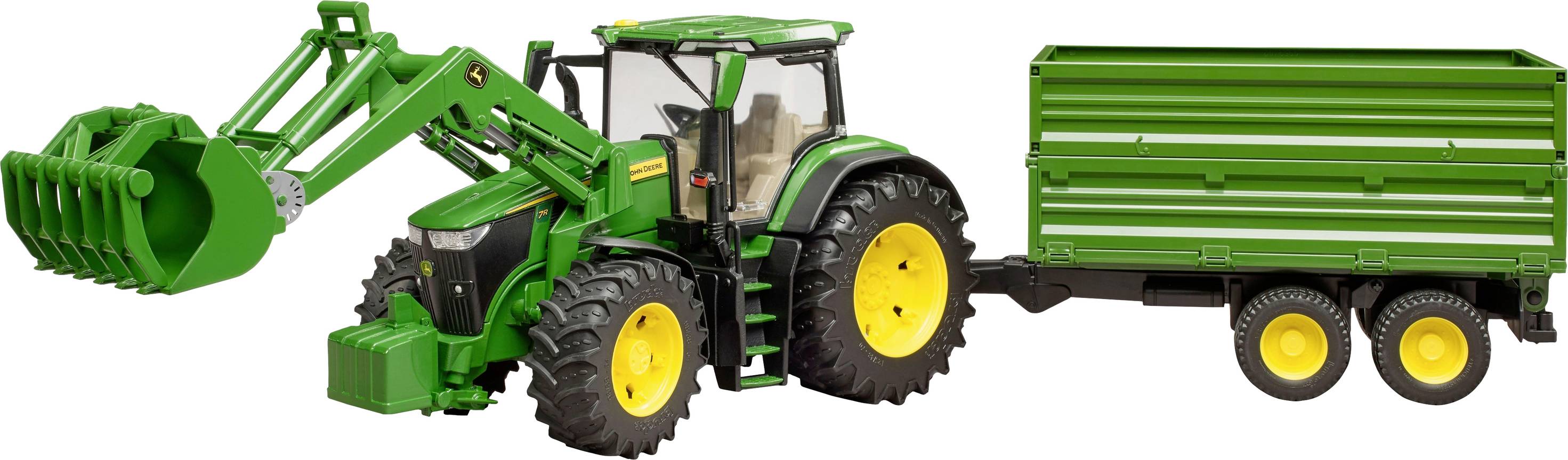 Grüner Traktor mit Frontlader und Anhänger auf grünem Feld. Landwirtschaftsfahrzeug im Einsatz, geeignet für Transport und Erntearbeiten.
