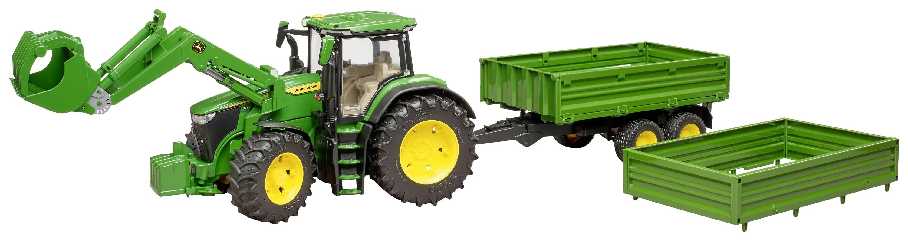 Spielzeugtraktor in Grün mit gelbem Rad, Anhänger, und abnehmbarem Ladekorb. Modell für landwirtschaftliches Spiel.