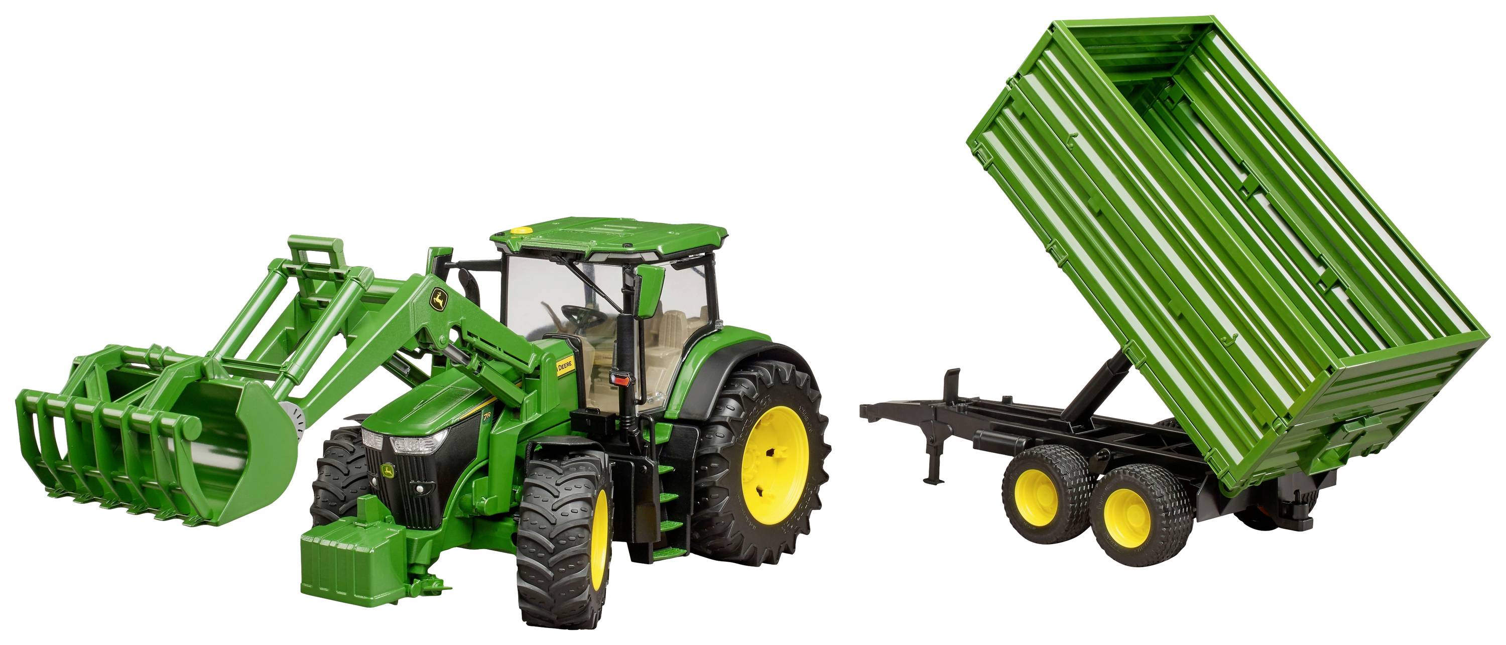 Ein grüner Traktor mit Frontlader steht neben einem grünen Anhänger mit gekippter Ladefläche. Beide sind auf weißem Hintergrund abgebildet.