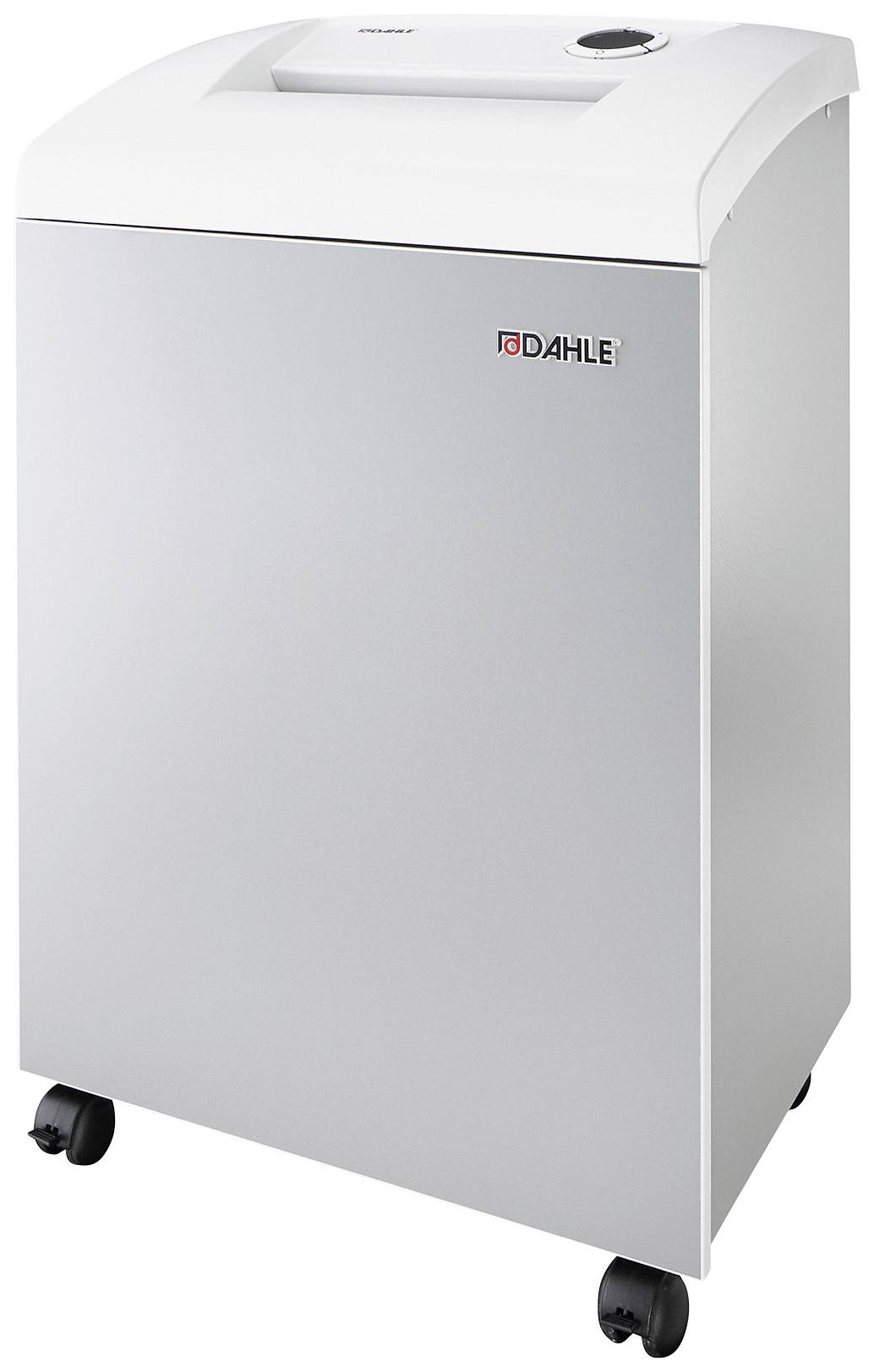 Ein weißer, mobiler Aktenvernichter auf Rädern, geeignet für Büroanwendungen, zeigt Markenlogo vorne.