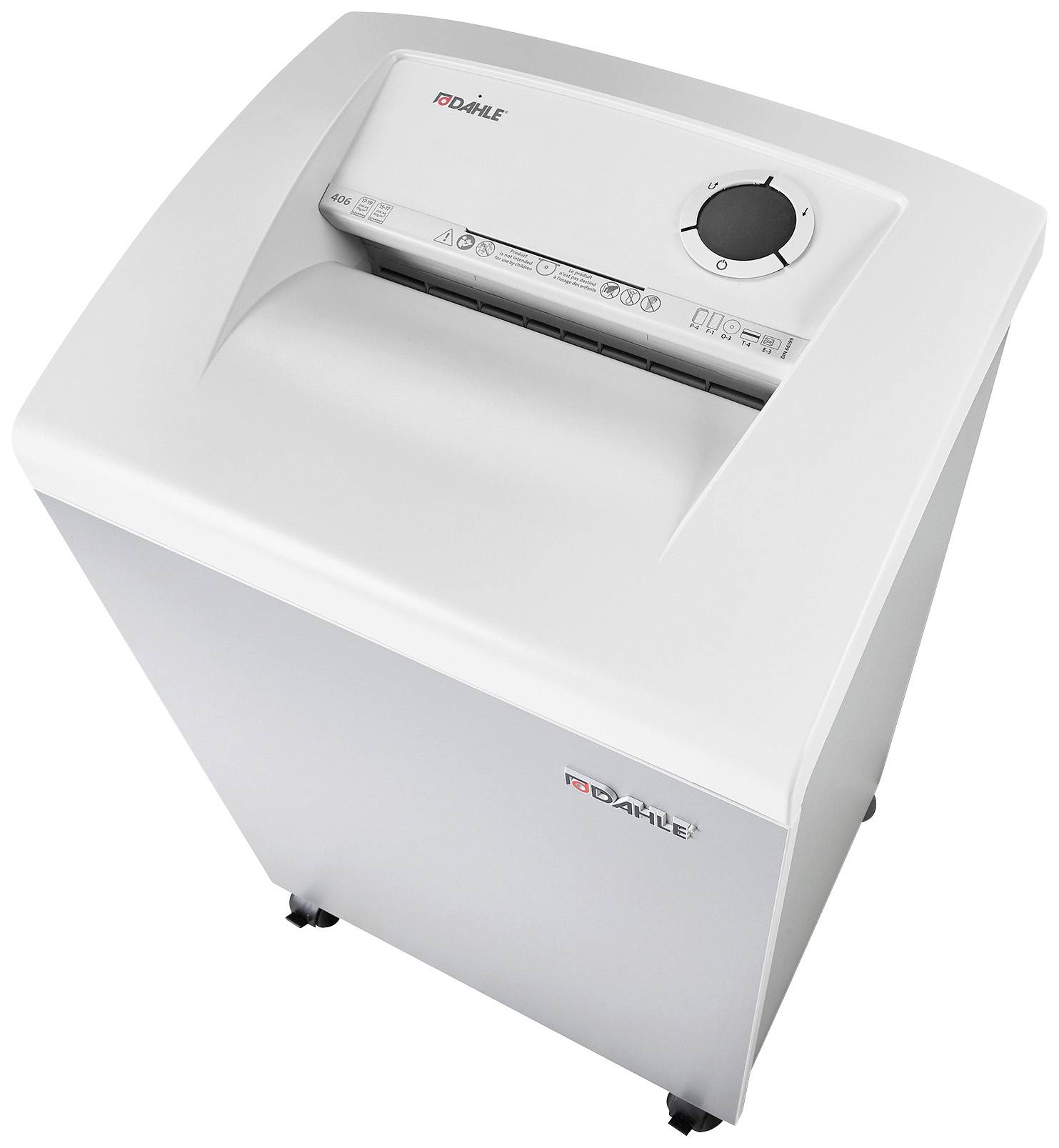 Ein weißer Aktenvernichter mit Bedienfeld und Auffangbehälter, auf Rollen stehend. Geeignet zum sicheren Zerkleinern von Papierdokumenten.