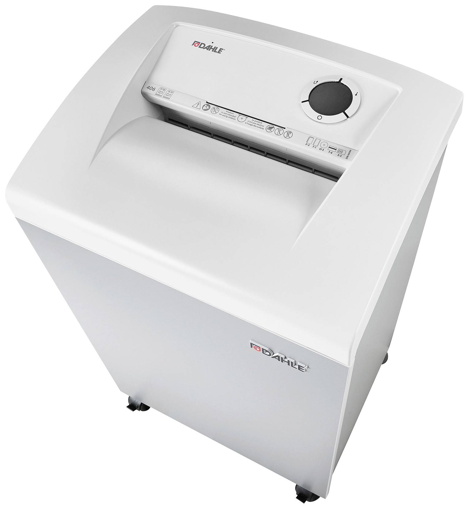 Ein grauer Aktenvernichter mit Drehschalter und Schlitzeinzug, platziert auf Rollen. Geeignet für den Büroeinsatz.