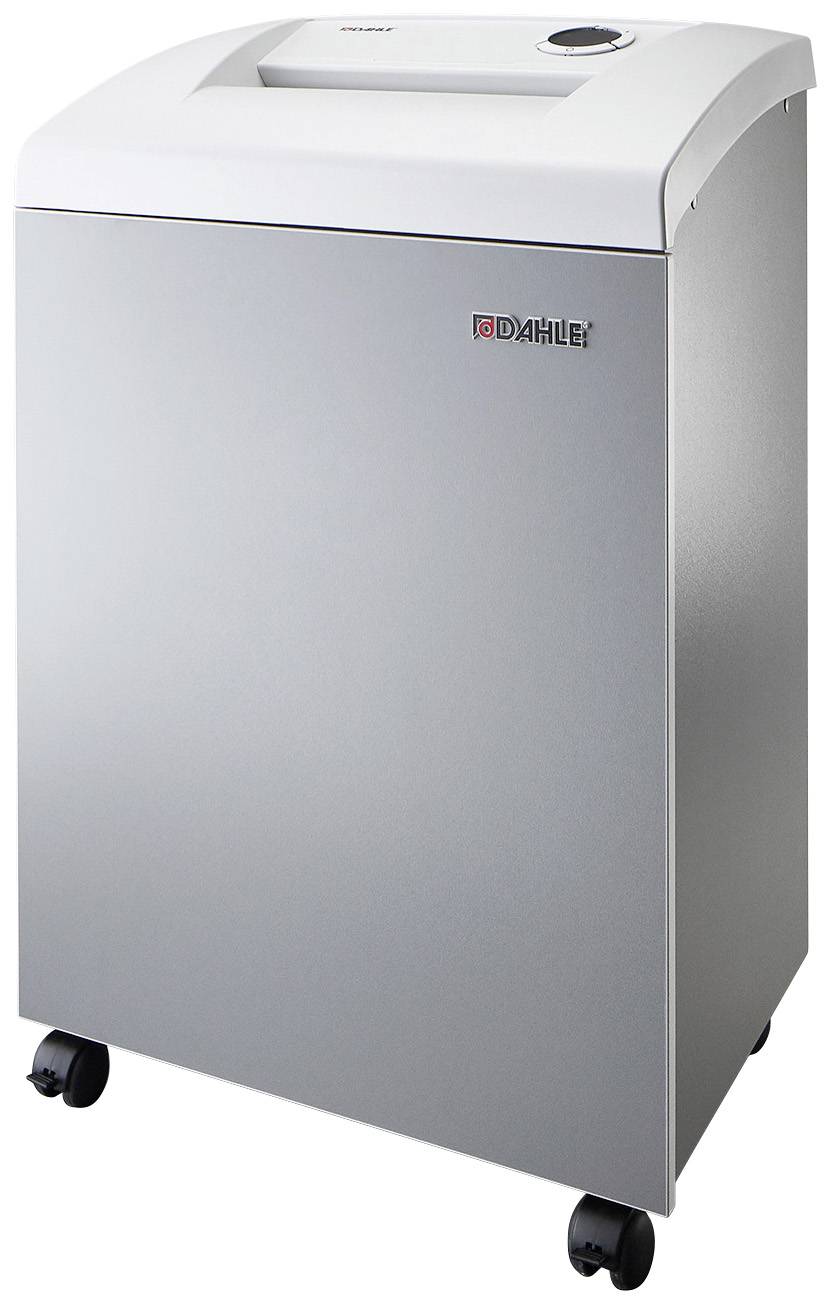 Büropapiervernichter mit weißem Gehäuse und Rollen, geeignet für hohe Sicherheitsanforderungen, Marke sichtbar auf der Vorderseite.