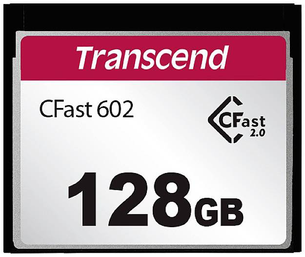 Eine Speicherkartenabbildung zeigt eine Transcend CFast 602 mit einer Kapazität von 128 GB.