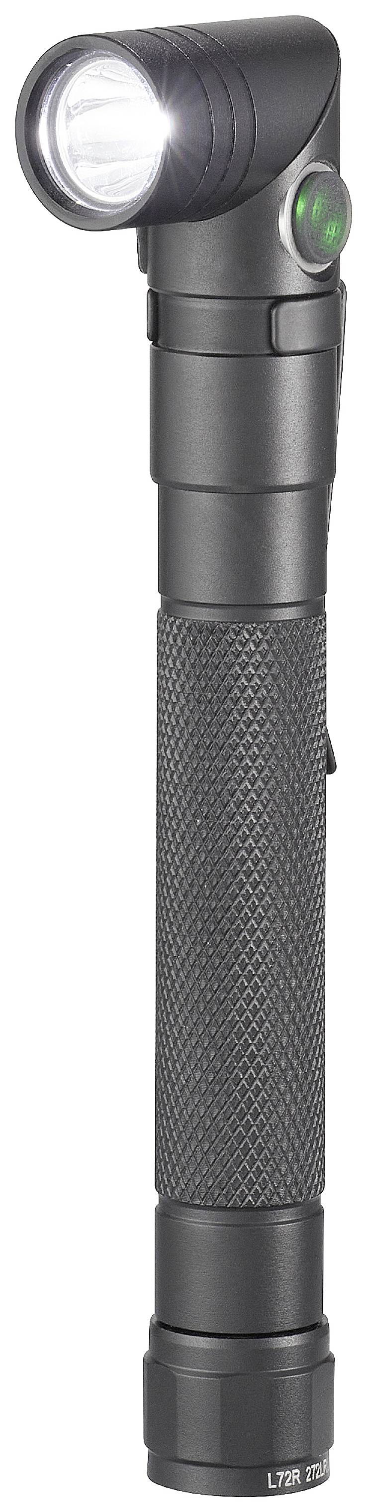 Eine schwarze Taschenlampe mit abgewinkeltem Leuchtenkopf und geriffeltem Griff. Der Leuchtenkopf ist eingeschaltet und leuchtet hell.