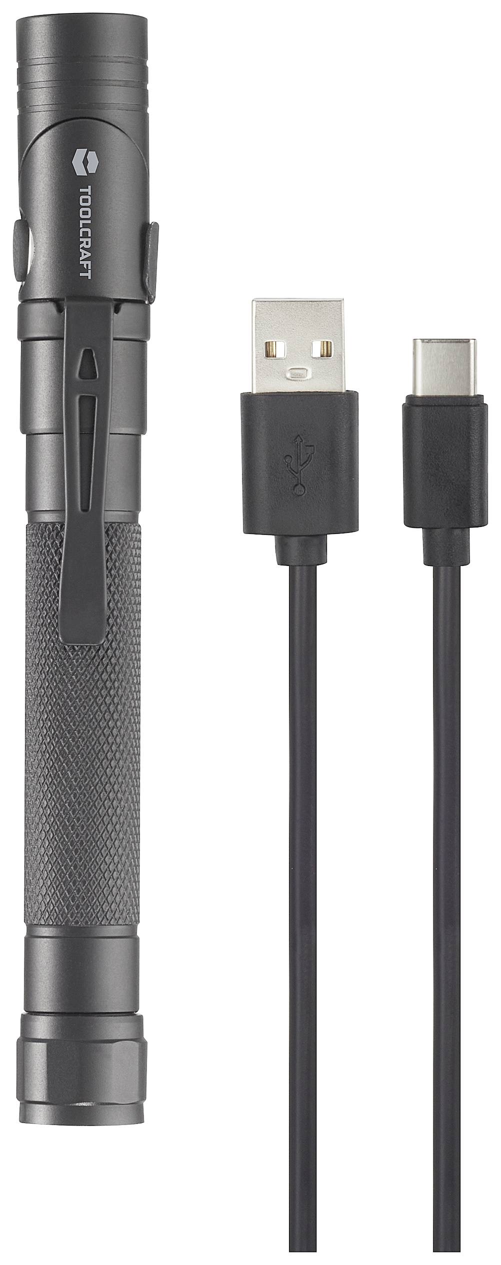 Taschenlampe mit USB-C-Ladekabel, schwarze Farbe, seitlicher Clip. Aufschrift auf der Taschenlampe: Toolcraft.