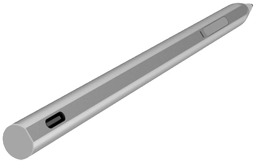 Ein silberfarbener, digitaler Stift mit einer Taste auf der Seite, schräg von oben abgebildet.