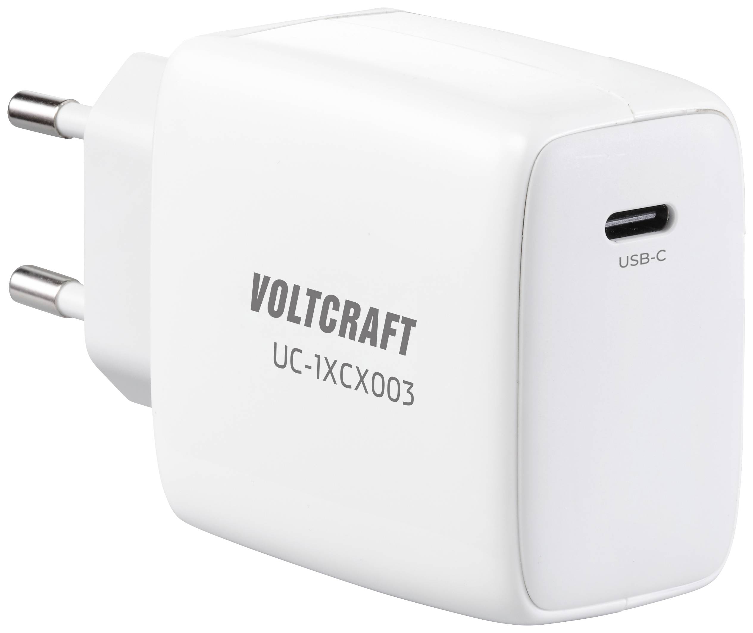 Weißer USB-C-Ladeadapter von Voltcraft mit der Modellnummer UC-1XCX003, geeignet zum Aufladen von Geräten wie Smartphones und Tablets.