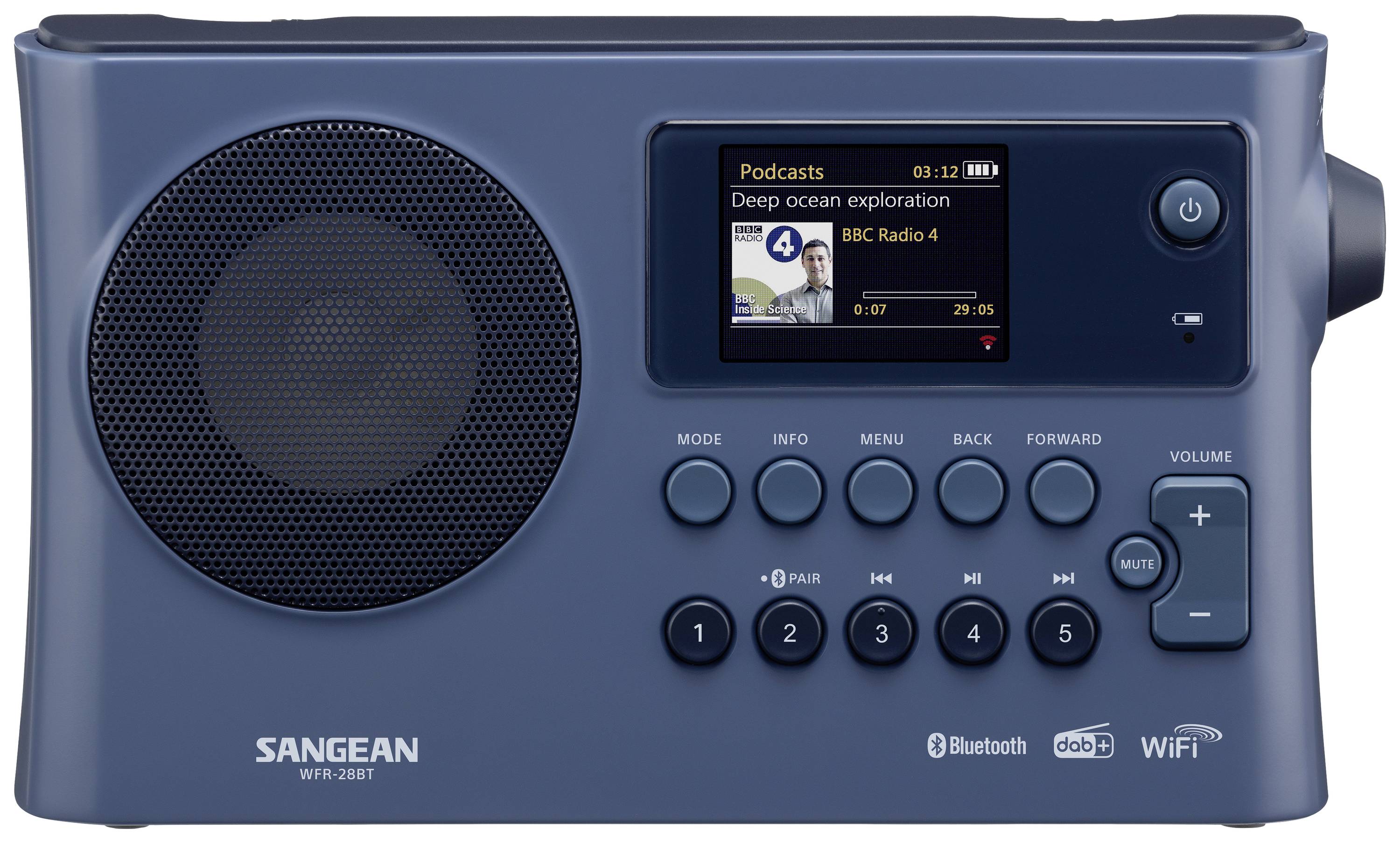 Sangean WFR-28BT Internet Tischradio DAB+, FM WLAN, Bluetooth®, AUX Akku-Ladefunktion, Spotify Dunkelblau