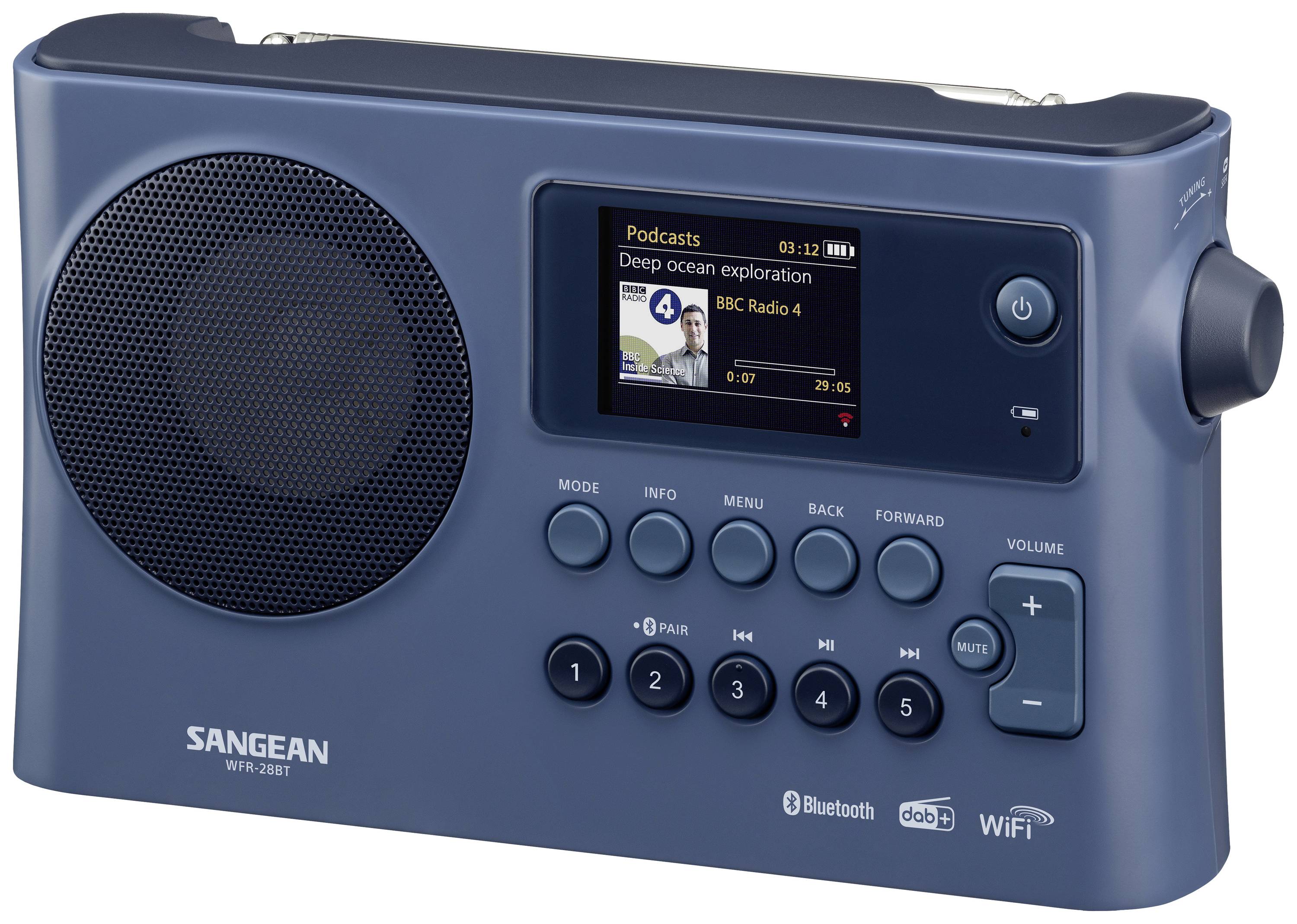 Sangean WFR-28BT Internet Tischradio DAB+, FM WLAN, Bluetooth®, AUX Akku-Ladefunktion, Spotify Dunkelblau