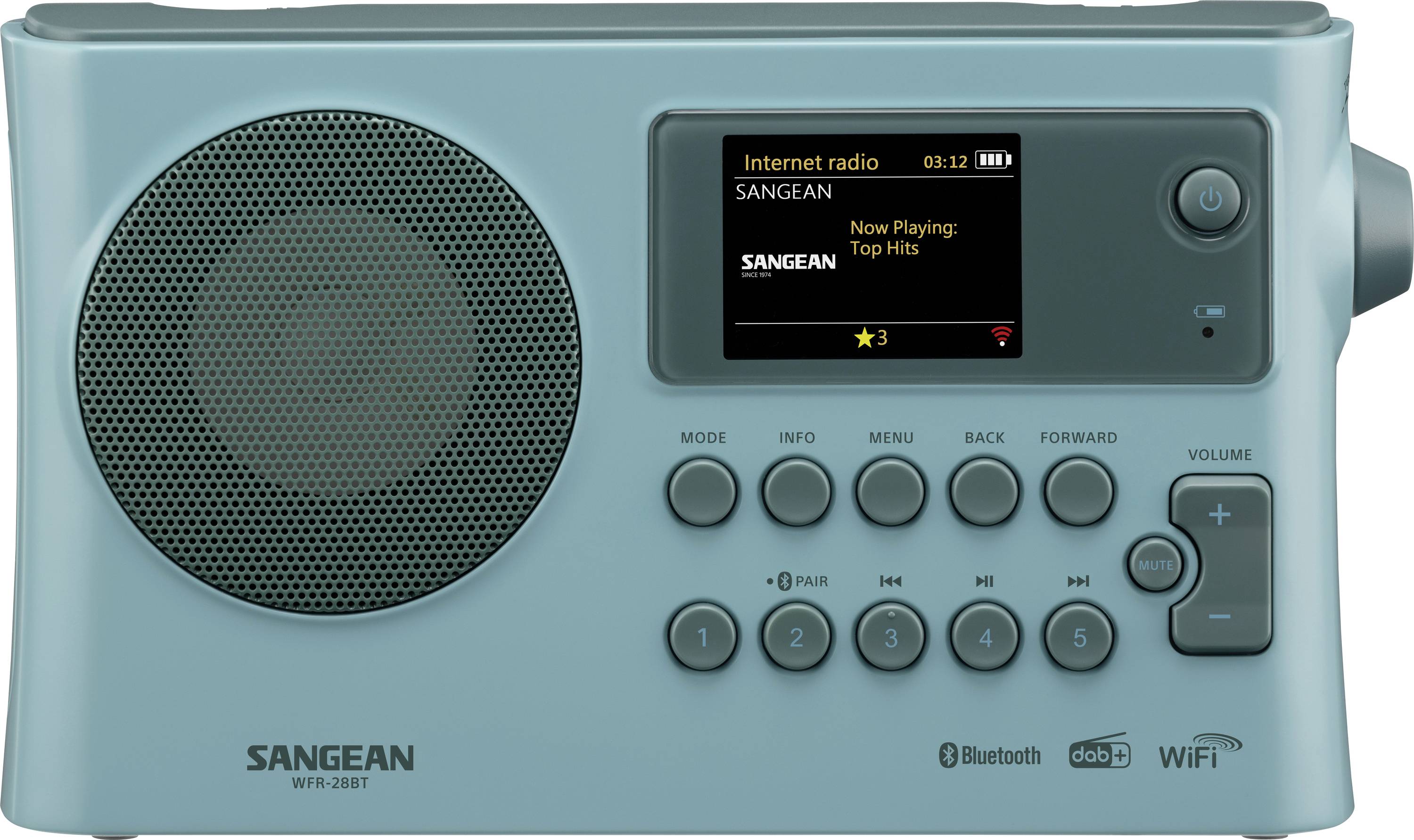 Tragbares Internetradio Sangean in Türkis mit Lautsprecher, Display mit „Internetradio