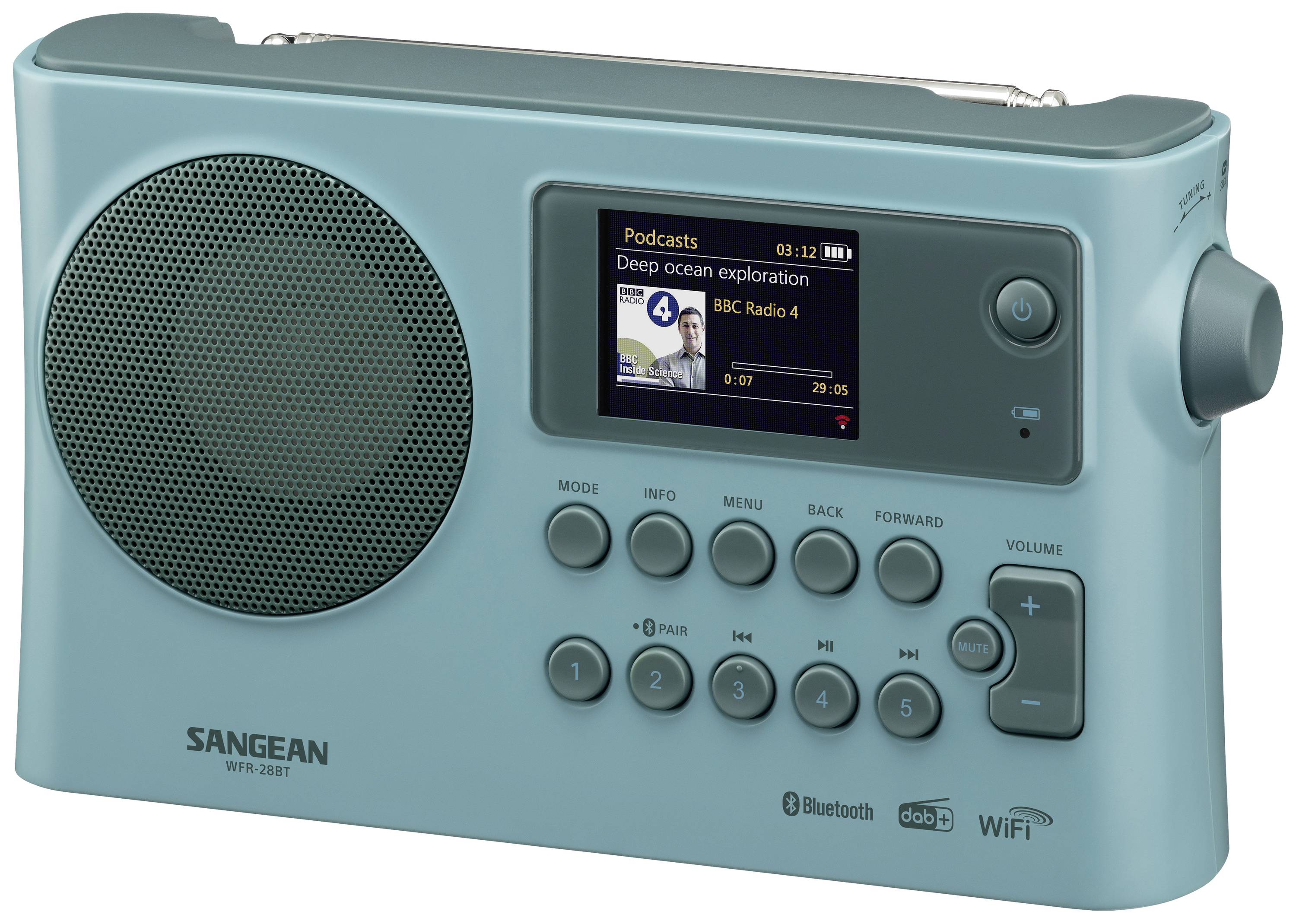 Sangean WFR-28BT Internet Tischradio DAB+, FM WLAN, Bluetooth®, AUX Akku-Ladefunktion, Spotify Hellblau
