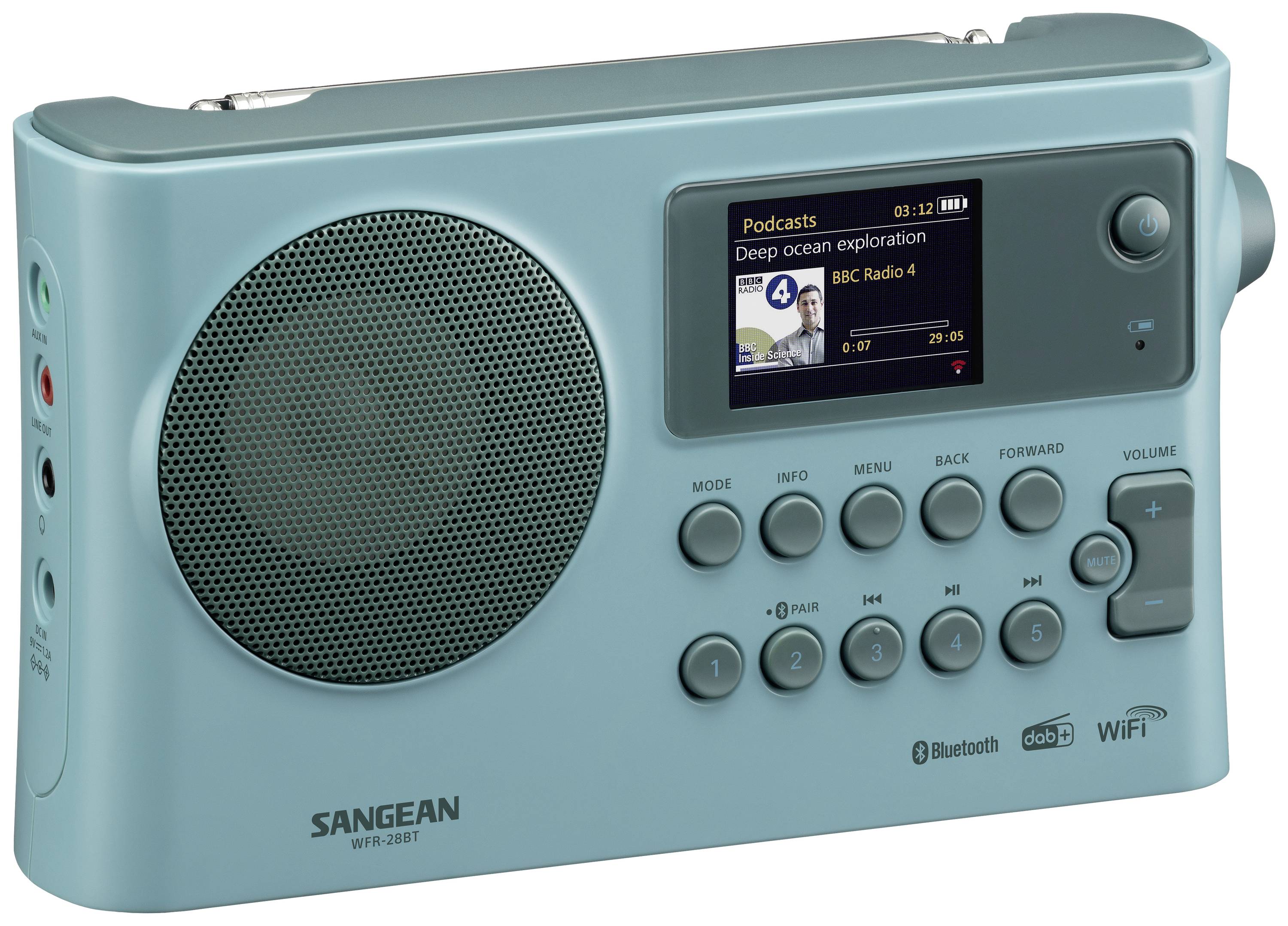 Sangean WFR-28BT Internet Tischradio DAB+, FM WLAN, Bluetooth®, AUX Akku-Ladefunktion, Spotify Hellblau