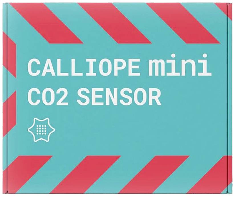 Schachtel mit der Aufschrift 'CALLIOPE mini CO2 SENSOR' in weißem Text auf türkisfarbenem Hintergrund mit roten Streifen.