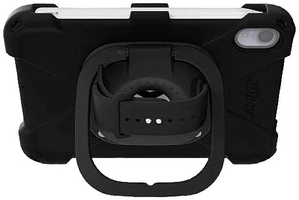 Schwarze Tablet-Hülle mit Tragegriff und Standfuß; für verbesserte Tragbarkeit und Nutzung im Querformat konzipiert.