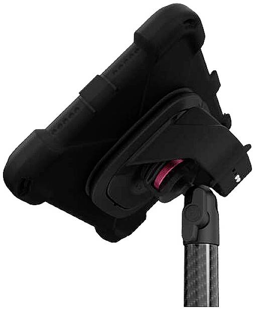 Tablet-Halterung auf einem Stativ, aus schwarzem Material, zeigt robuste Konstruktion und Verstellbarkeit, für vielseitigen Einsatz.