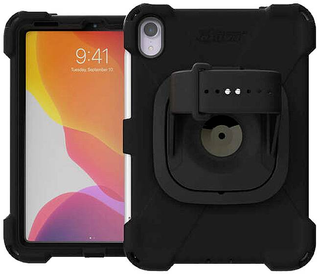 Schwarze robuste Tablet-Hülle mit integriertem Ständer, die Vorder- und Rückansicht des Geräts zeigt mit buntem Bildschirmhintergrund.