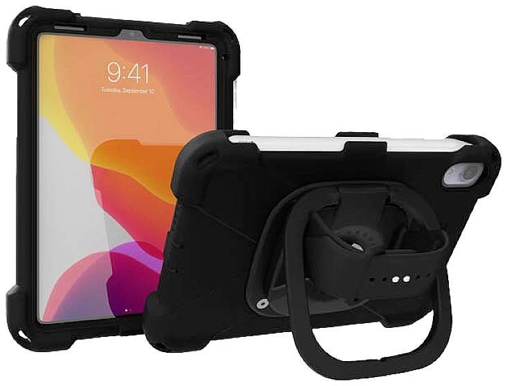 Ein Tablet in einer robusten schwarzen Hülle mit Ständer. Der Bildschirm zeigt eine Uhrzeit. Rückansicht mit verstellbarem Griff.