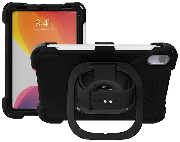 Zwei robuste Tablethüllen. Eine zeigt die Vorderseite mit Bildschirm, die andere die Rückseite mit verstellbarem Griff und Riemen.