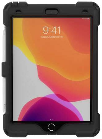 Tablet in schwarzer Schutzhülle mit leuchtend orange-rotem Hintergrund auf dem Bildschirm. Oben wird die Uhrzeit '9:41' angezeigt.