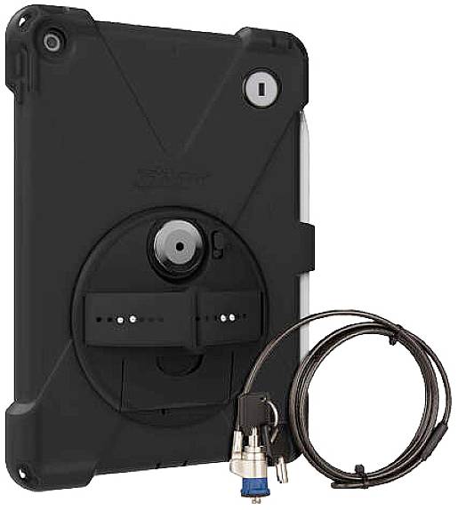 Tablet mit schwarzem Schutzgehäuse und Sicherungsschloss. Das Schloss ist mit einem Kabel verbunden, um Diebstahl zu verhindern.