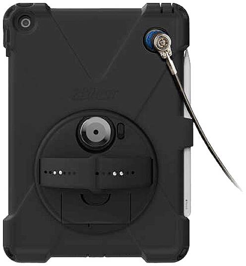 Schwarzes Tablet-Gehäuse mit Kabelverschluss, mittig drehbare Halterung, für robusten Schutz und Befestigung von Geräten.