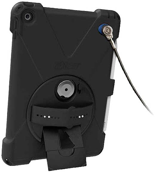 Tablet mit robuster schwarzer Hülle, ausgestattet mit einem Kabel für Sicherheit und einer ausklappbaren Stütze auf der Rückseite.