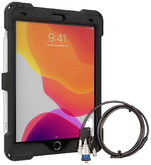 Ein Tablet in einer schwarzen Schutzhülle mit einem Kabel und Adapter daneben. Der Bildschirm zeigt die Uhrzeit 9:41 und das Datum Dienstag, 10. September.