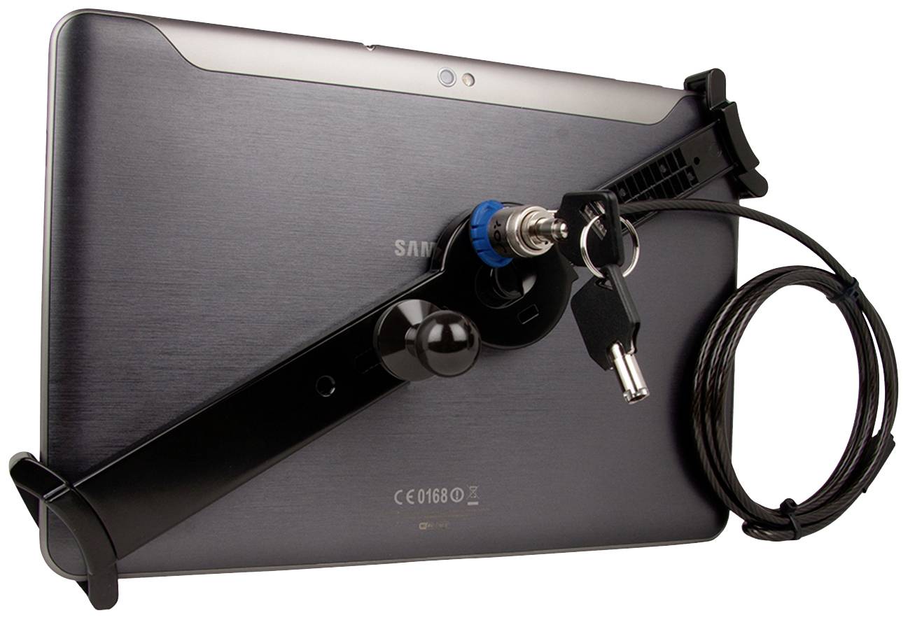 Ein Tablet ist mit einem Sicherheitskabel inklusive Schloss gesichert. Das Kabel verhindert, dass das Gerät unbefugt entwendet wird.