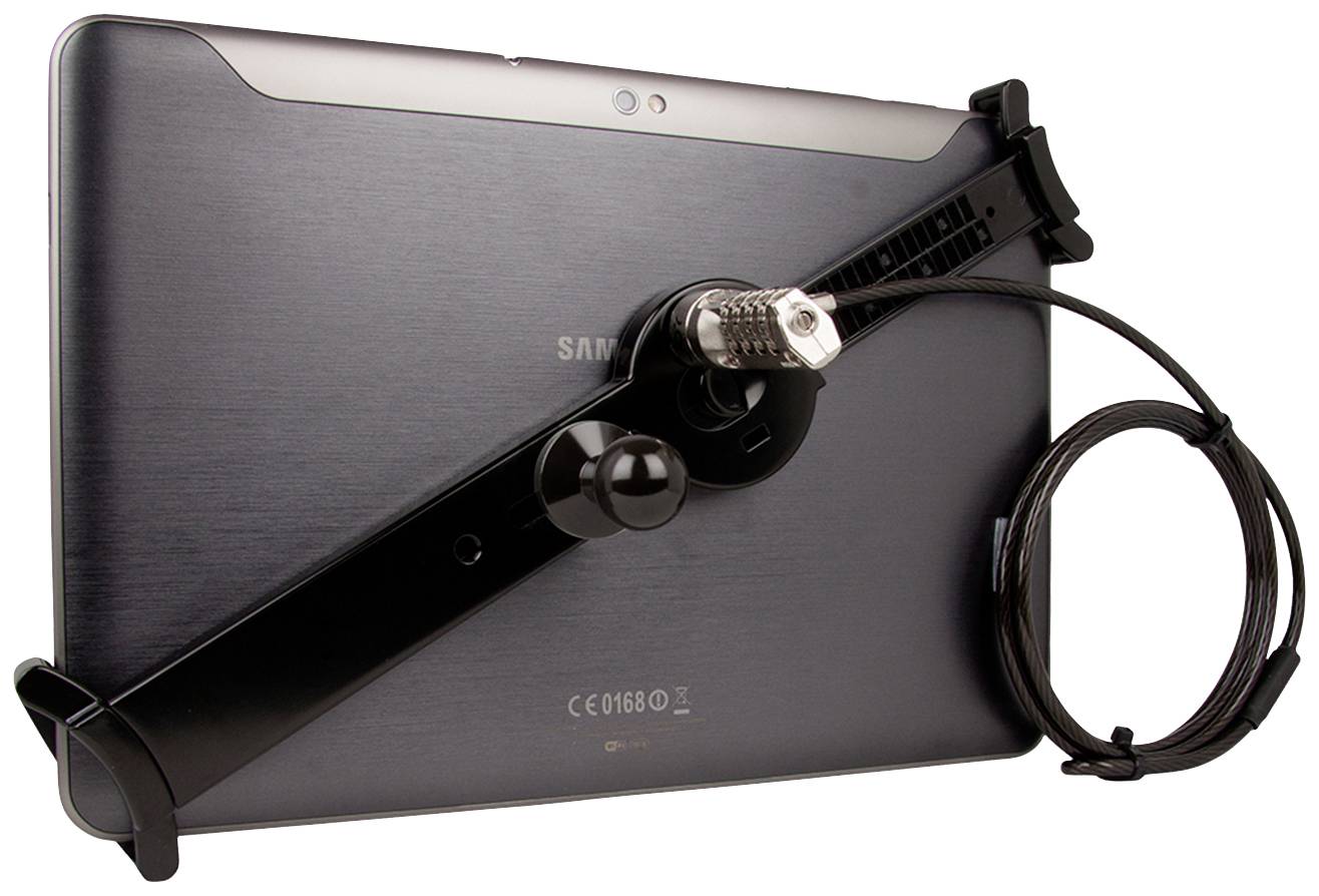 Tablet-Rückseite mit Diebstahlsicherung durch Metallhalterung und Kabelschloss.