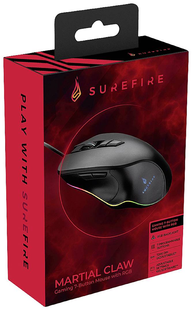 Surefire Gaming Martial Claw Gaming-Maus USB Optisch Schwarz 7 Tasten 800 dpi, 1600 dpi, 2400 dpi, 3200 dpi, 4800 dpi, 7200 dpi Beleuchtet