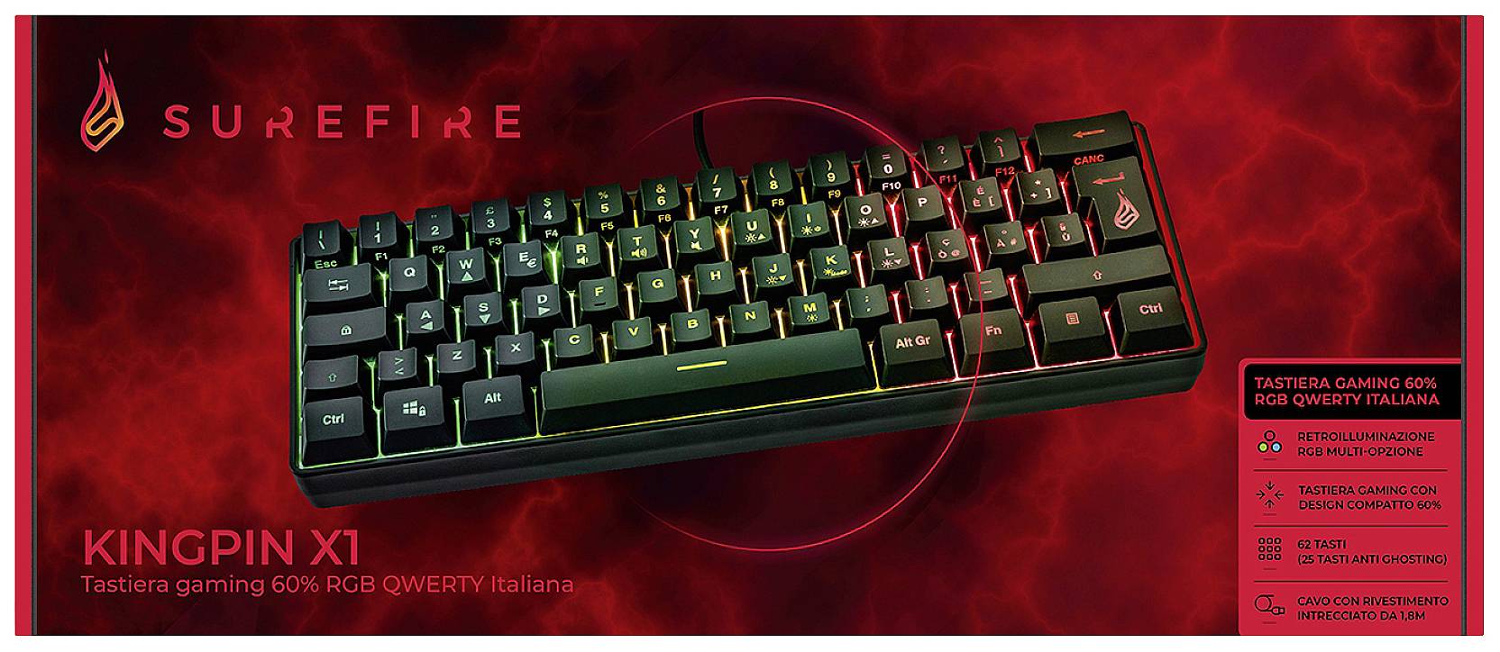 Surefire Gaming KingPin X1 Kabelgebunden, USB Gaming-Tastatur Italienisch, QWERTY Schwarz Beleuchtet, Multimediatasten