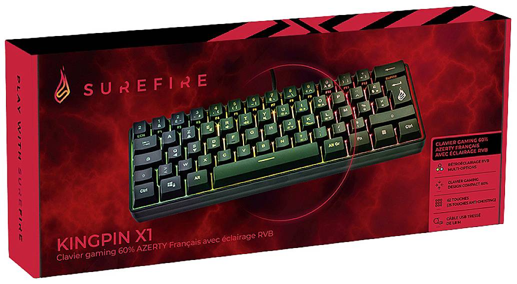 Surefire Gaming KingPin X1 Kabelgebunden, USB Gaming-Tastatur Französisch, AZERTY Schwarz Beleuchtet, Multimediatasten