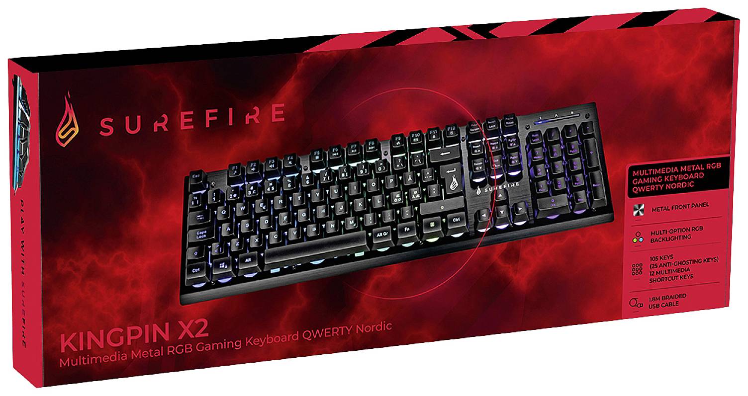 Surefire Gaming KingPin X2 Kabelgebunden, USB Gaming-Tastatur Nordisch, QWERTY Schwarz Beleuchtet, Multimediatasten