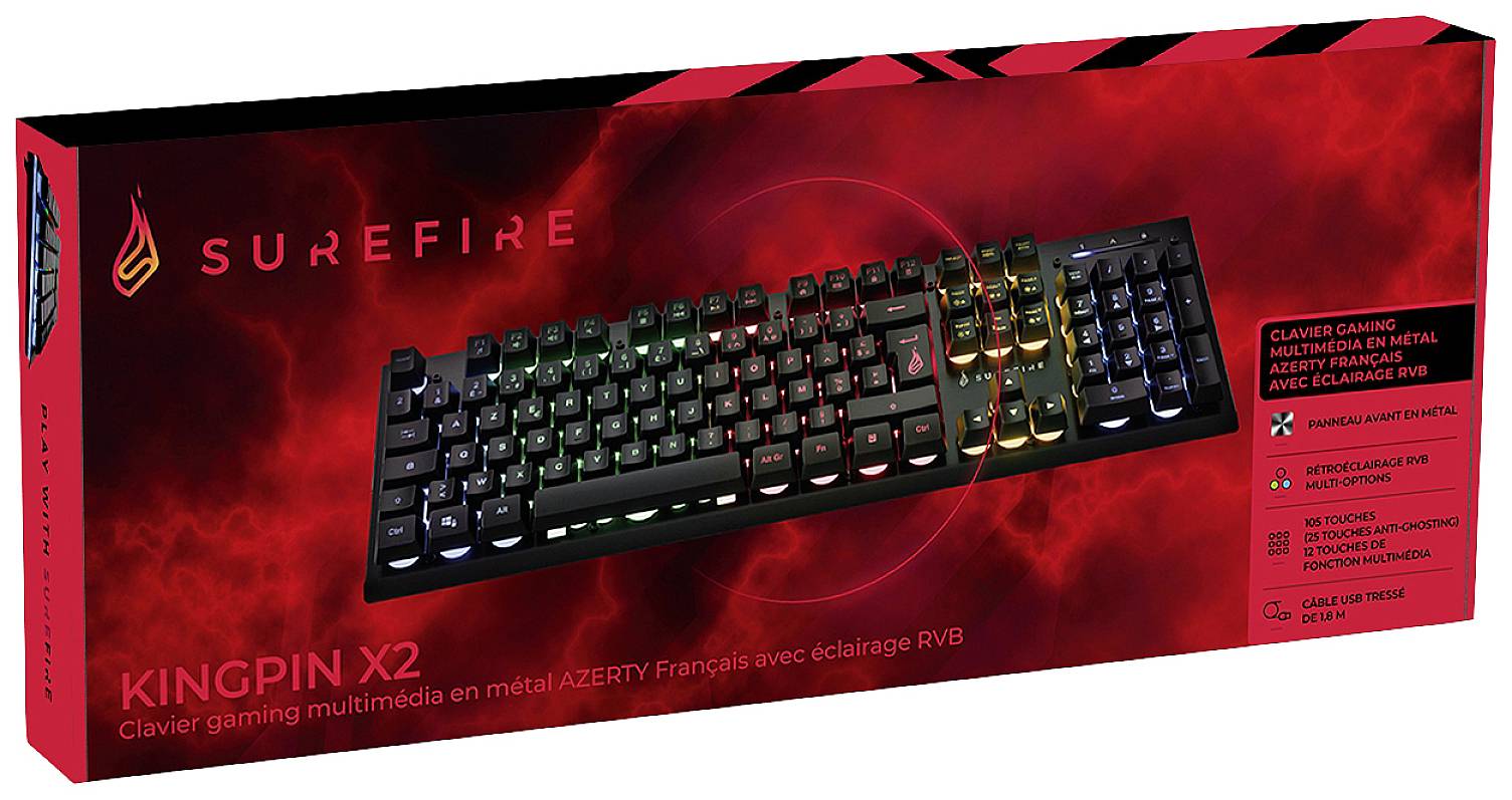 Surefire Gaming KingPin X2 Kabelgebunden, USB Gaming-Tastatur Französisch, AZERTY Schwarz Beleuchtet, Multimediatasten