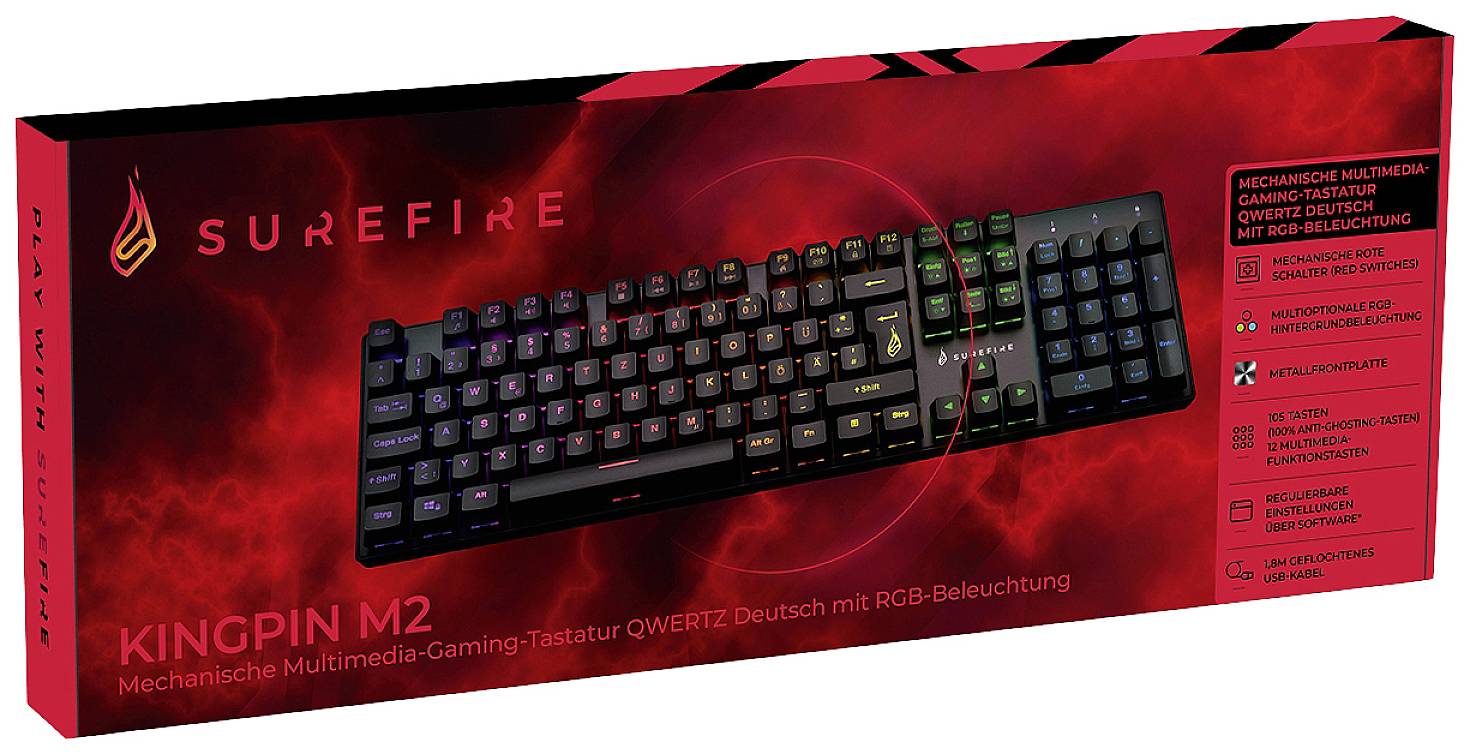 Surefire Gaming KingPin M2 Kabelgebunden, USB Gaming-Tastatur Deutsch, QWERTZ Schwarz Beleuchtet, Multimediatasten
