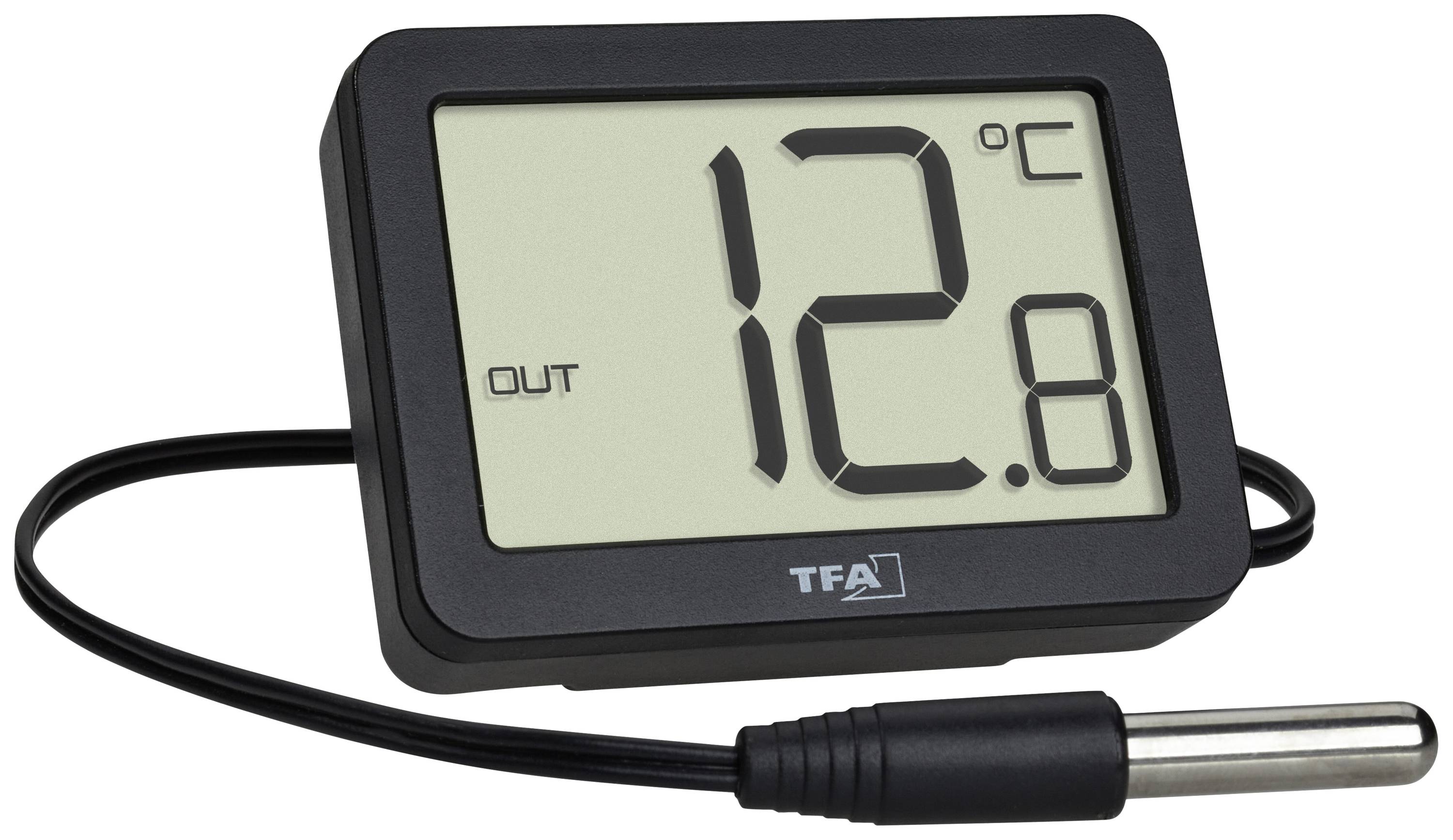 Digitales Thermometer zeigt Außentemperatur von 12,8°C. Verfügt über Kabelsensor.
